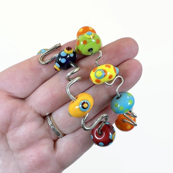 Glass Bead Bracelet, Lamp Work, Dotted, Rainbow, Art Glass, Blue, Orange, Red - Picture 3 of 5